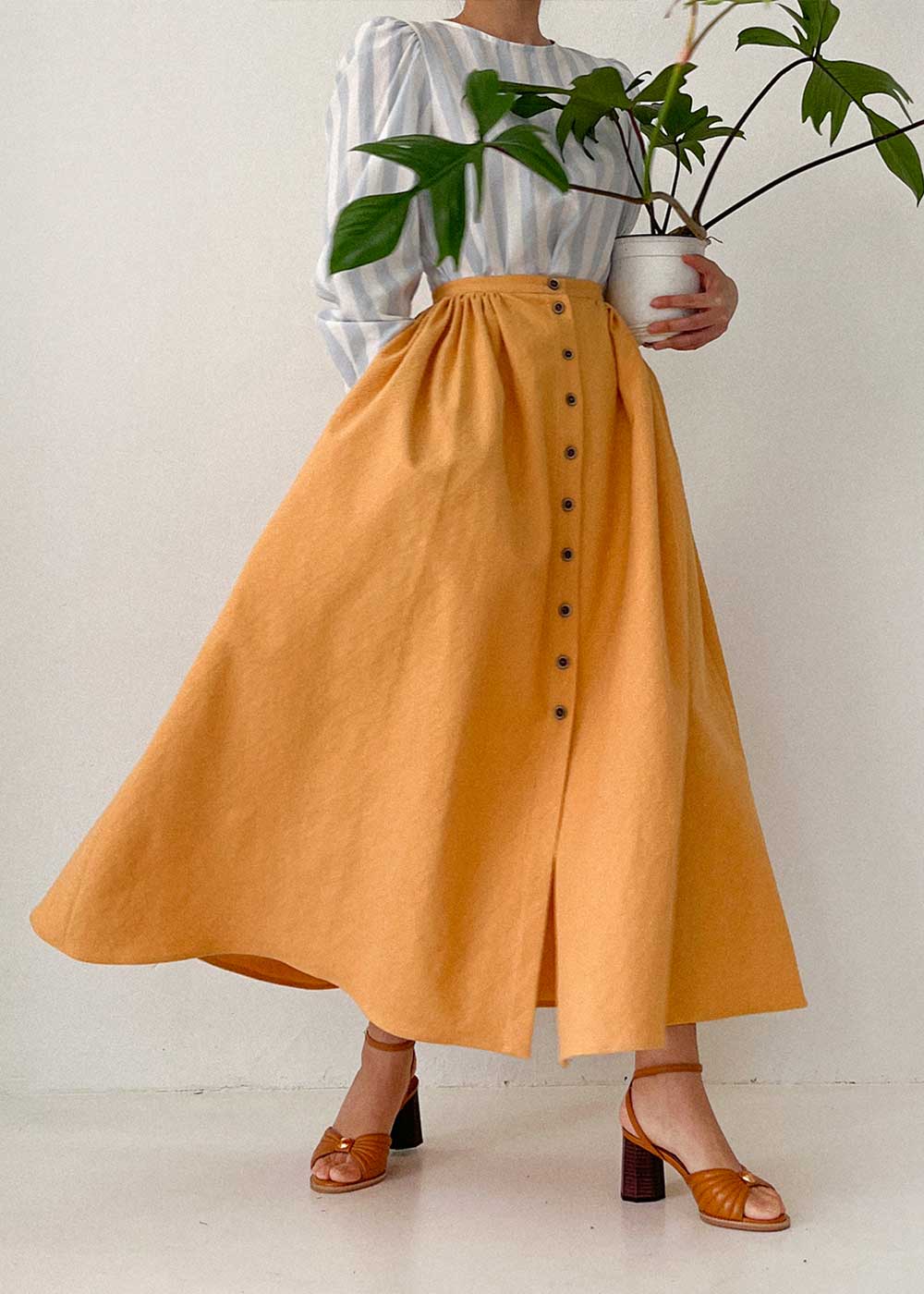 Orange Yellow Flared Skirt Italian Fabric